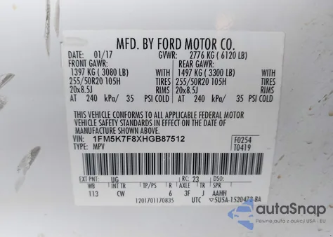 2017 Ford Explorer Limited z USA, uszkodzony, nr VIN 1FM5K7F8XHGB87512